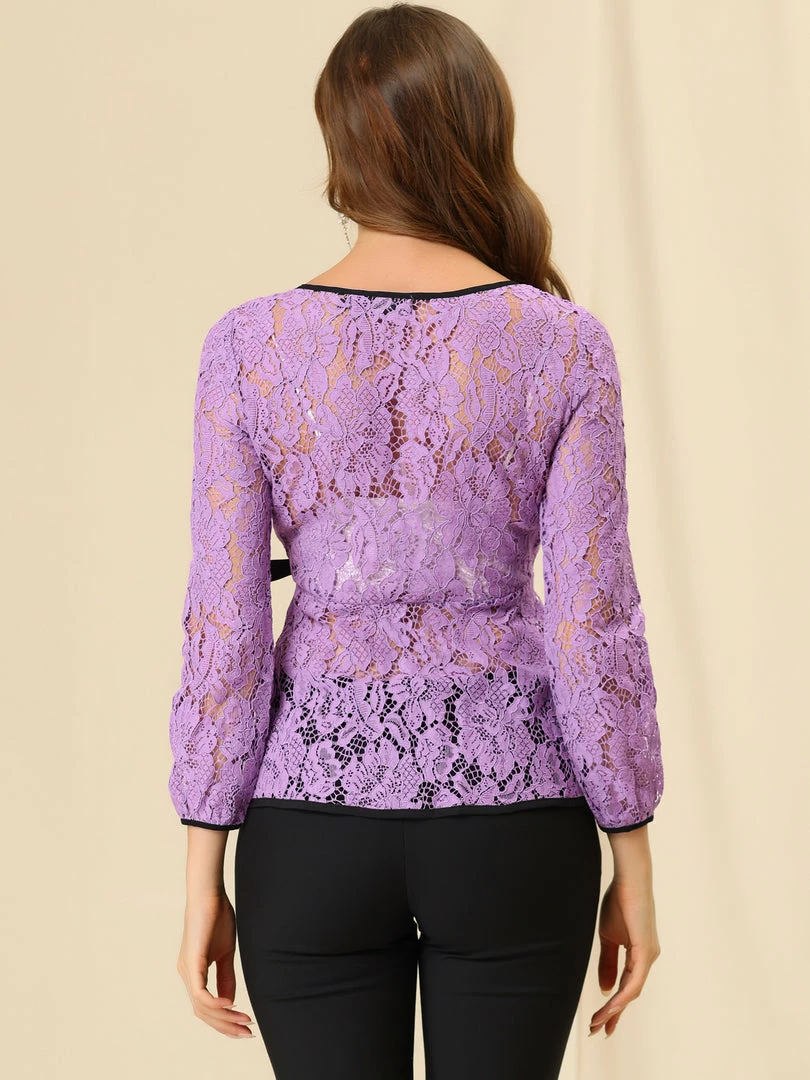 Allegra K Self-Tie Waist Bi-Color Contrast Lace Peplum Top 74 Allegra K Self-Tie Waist Bi-Color Contrast Lace Peplum Top