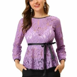 Allegra K Self-Tie Waist Bi-Color Contrast Lace Peplum Top 142 Allegra K Self-Tie Waist Bi-Color Contrast Lace Peplum Top