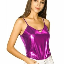 Allegra K Women's Metallic Shiny Party Tank Top Sexy Deep V Camisole Tops