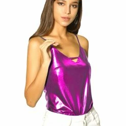 Allegra K Women's Metallic Shiny Party Tank Top Sexy Deep V Camisole Tops