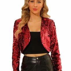 Allegra K Women's Sequin Jacket Long Sleeve Open Front Cropped Cardigan Bolero Shrug 34 Allegra K Women's Sequin Jacket Long Sleeve Open Front Cropped Cardigan Bolero Shrug