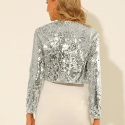Allegra K Women's Sequin Jacket Long Sleeve Open Front Cropped Cardigan Bolero Shrug 32 Allegra K Women's Sequin Jacket Long Sleeve Open Front Cropped Cardigan Bolero Shrug