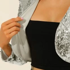 Allegra K Women's Sequin Jacket Long Sleeve Open Front Cropped Cardigan Bolero Shrug 33 Allegra K Women's Sequin Jacket Long Sleeve Open Front Cropped Cardigan Bolero Shrug