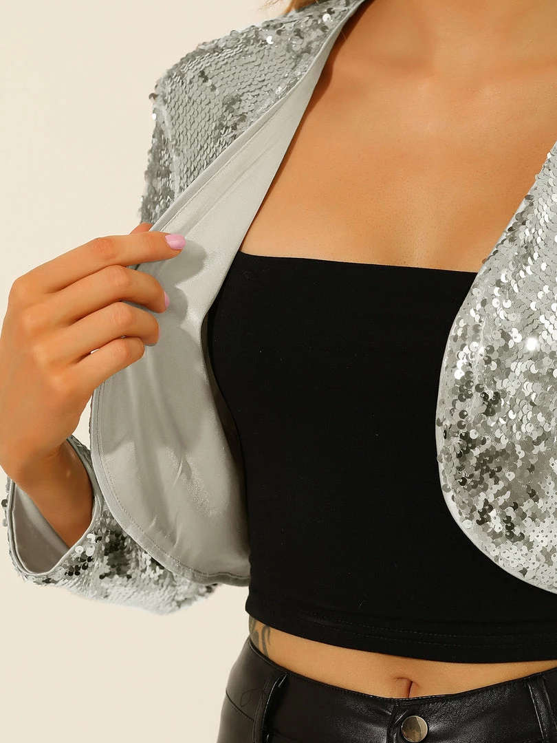 Allegra K Women's Sequin Jacket Long Sleeve Open Front Cropped Cardigan Bolero Shrug 15 Allegra K Women's Sequin Jacket Long Sleeve Open Front Cropped Cardigan Bolero Shrug