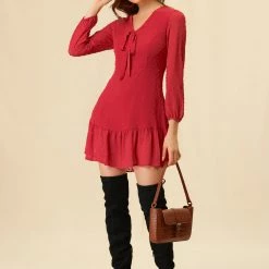 Allegra K Women’s Ruffle Hem Bow Tie V Neck Long Sleeve Swiss Dots Mini Dress