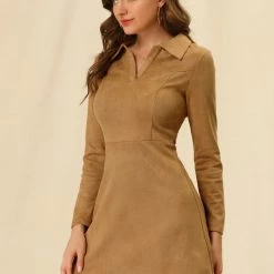 Allegra K Women's Faux Suede Lapel Neck Long Sleeve A-Line Dress