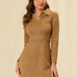Allegra K Women's Faux Suede Lapel Neck Long Sleeve A-Line Dress