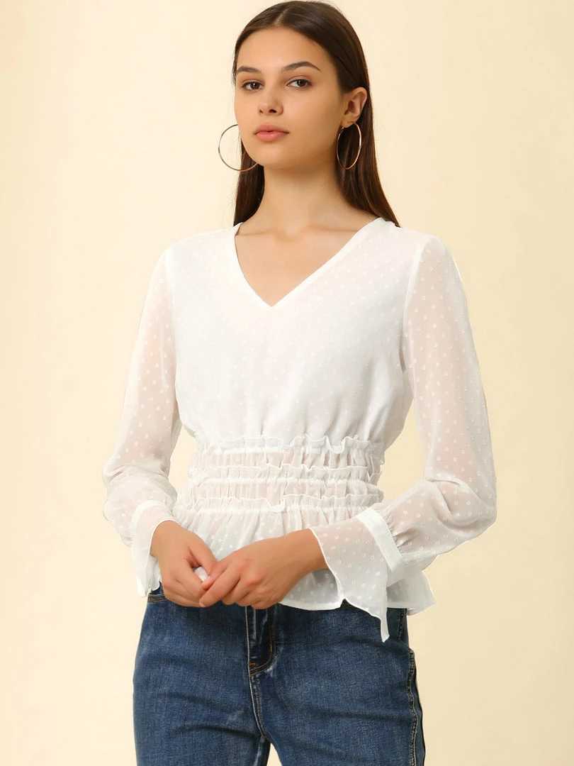 Allegra K Women's V Neck Peplum Top Swiss Dots Sheer Ruffle Smocked Blouse 5 Allegra K Women's V Neck Peplum Top Swiss Dots Sheer Ruffle Smocked Blouse