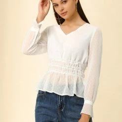 Allegra K Women's V Neck Peplum Top Swiss Dots Sheer Ruffle Smocked Blouse 12 Allegra K Women's V Neck Peplum Top Swiss Dots Sheer Ruffle Smocked Blouse