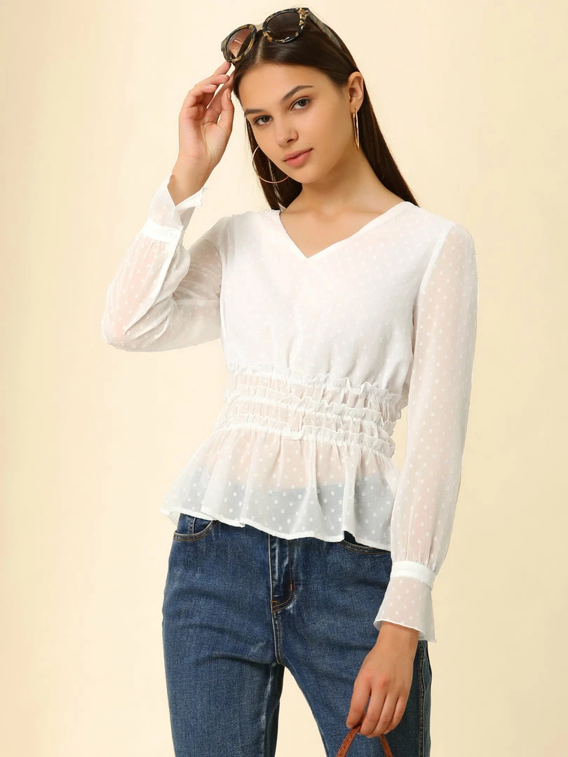 Allegra K Women's V Neck Peplum Top Swiss Dots Sheer Ruffle Smocked Blouse 6 Allegra K Women's V Neck Peplum Top Swiss Dots Sheer Ruffle Smocked Blouse