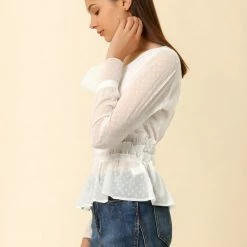 Allegra K Women's V Neck Peplum Top Swiss Dots Sheer Ruffle Smocked Blouse 13 Allegra K Women's V Neck Peplum Top Swiss Dots Sheer Ruffle Smocked Blouse