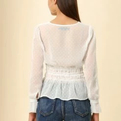 Allegra K Women's V Neck Peplum Top Swiss Dots Sheer Ruffle Smocked Blouse 14 Allegra K Women's V Neck Peplum Top Swiss Dots Sheer Ruffle Smocked Blouse