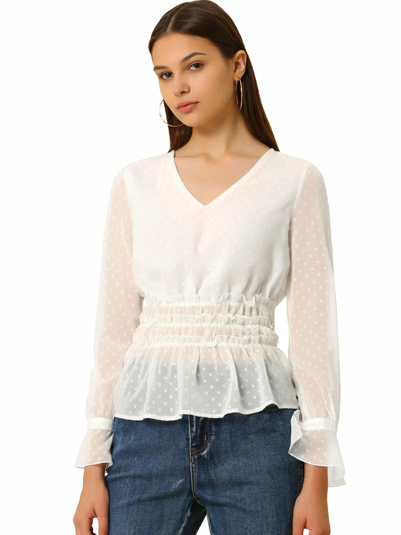 Allegra K Women's V Neck Peplum Top Swiss Dots Sheer Ruffle Smocked Blouse 4 Allegra K Women's V Neck Peplum Top Swiss Dots Sheer Ruffle Smocked Blouse