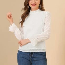 Allegra K Women's Swiss Dots Tops Solid Semi-Sheer Long Sleeve Ruffle Mock Neck Chiffon Blouse 12 Allegra K Women's Swiss Dots Tops Solid Semi-Sheer Long Sleeve Ruffle Mock Neck Chiffon Blouse