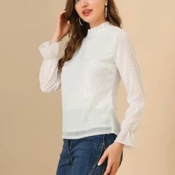 Allegra K Women's Swiss Dots Tops Solid Semi-Sheer Long Sleeve Ruffle Mock Neck Chiffon Blouse 13 Allegra K Women's Swiss Dots Tops Solid Semi-Sheer Long Sleeve Ruffle Mock Neck Chiffon Blouse