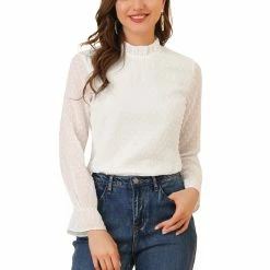 Allegra K Women's Swiss Dots Tops Solid Semi-Sheer Long Sleeve Ruffle Mock Neck Chiffon Blouse