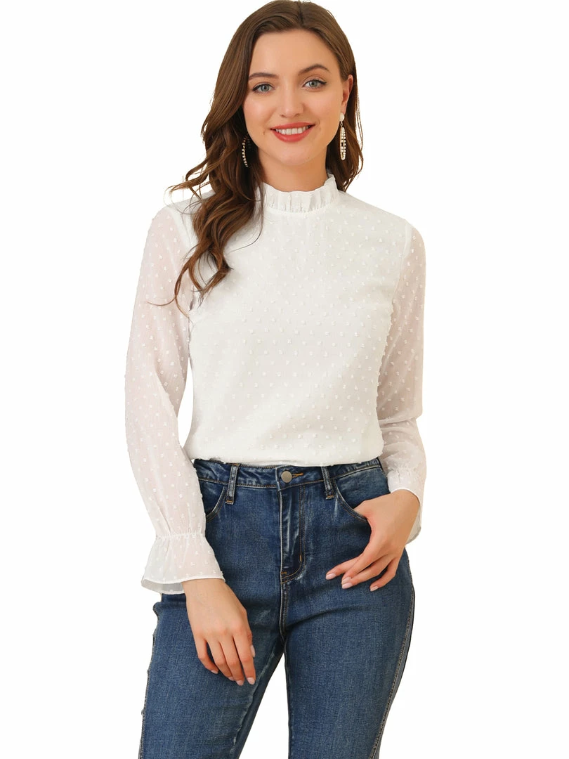 Allegra K Women's Swiss Dots Tops Solid Semi-Sheer Long Sleeve Ruffle Mock Neck Chiffon Blouse 4 Allegra K Women's Swiss Dots Tops Solid Semi-Sheer Long Sleeve Ruffle Mock Neck Chiffon Blouse