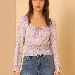 Allegra K Women's Smocked Tie Neck Tops Elegant Chiffon Floral Blouse 11 Allegra K Women's Smocked Tie Neck Tops Elegant Chiffon Floral Blouse
