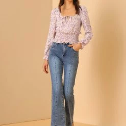 Allegra K Women's Smocked Tie Neck Tops Elegant Chiffon Floral Blouse 12 Allegra K Women's Smocked Tie Neck Tops Elegant Chiffon Floral Blouse