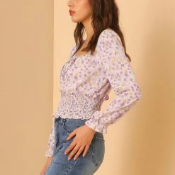 Allegra K Women's Smocked Tie Neck Tops Elegant Chiffon Floral Blouse 13 Allegra K Women's Smocked Tie Neck Tops Elegant Chiffon Floral Blouse