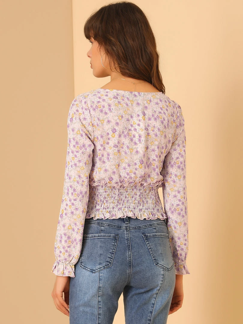 Allegra K Women's Smocked Tie Neck Tops Elegant Chiffon Floral Blouse 8 Allegra K Women's Smocked Tie Neck Tops Elegant Chiffon Floral Blouse