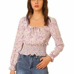 Allegra K Women's Smocked Tie Neck Tops Elegant Chiffon Floral Blouse 10 Allegra K Women's Smocked Tie Neck Tops Elegant Chiffon Floral Blouse