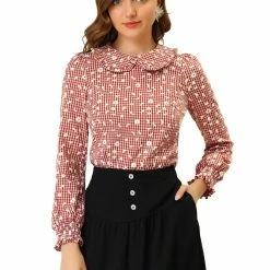Allegra K Women's Daisy Plaid Print Top Puff Long Sleeve Ruffle Peter Pan Collar Blouse