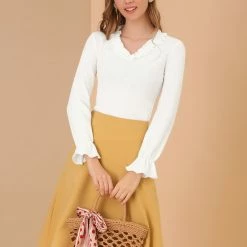 Allegra K Women's Ruffle V-Neck Vintage Solid Long Bell Sleeves Blouse