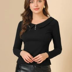 Allegra K Women's Button Decor Flat Collar Long Sleeve Blouse 11 Allegra K Women's Button Decor Flat Collar Long Sleeve Blouse