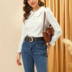 Allegra K Women's Peter Pan Collar Shirt Puff Long Sleeve Button Blouse Top