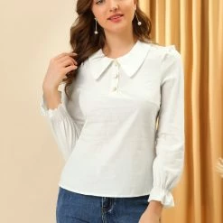 Allegra K Women's Peter Pan Collar Shirt Puff Long Sleeve Button Blouse Top