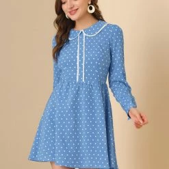 Allegra K Women's Heart Print Long Sleeve A-Line Lace Trim Peter Pan Collar Mini Dress