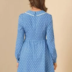 Allegra K Women's Heart Print Long Sleeve A-Line Lace Trim Peter Pan Collar Mini Dress