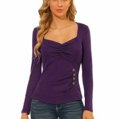 Allegra K Women's Sweetheart Neck Sexy Top Button Decor Rib Knit Ruched Blouse