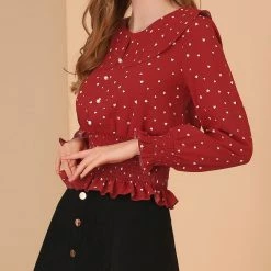 Allegra K Women's Doll Collar Ruffle Heart Printed Pearl Decor Smocked Waist Peplum Top