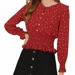 Allegra K Women's Doll Collar Ruffle Heart Printed Pearl Decor Smocked Waist Peplum Top