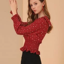 Allegra K Women's Doll Collar Ruffle Heart Printed Pearl Decor Smocked Waist Peplum Top