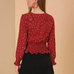 Allegra K Women's Doll Collar Ruffle Heart Printed Pearl Decor Smocked Waist Peplum Top