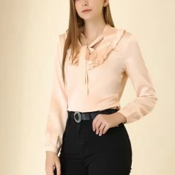 Allegra K Women's Satin Blouse Ruffle Front Bow Tie Office Casual V Neck Long Sleeve Shirt Top