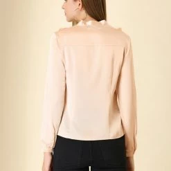 Allegra K Women's Satin Blouse Ruffle Front Bow Tie Office Casual V Neck Long Sleeve Shirt Top