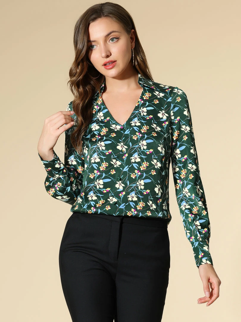 Allegra K Women's Floral V Neck Button Decor Collared Smooth Retro Blouse Shirt 5 Allegra K Women's Floral V Neck Button Decor Collared Smooth Retro Blouse Shirt