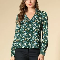 Allegra K Women's Floral V Neck Button Decor Collared Smooth Retro Blouse Shirt 12 Allegra K Women's Floral V Neck Button Decor Collared Smooth Retro Blouse Shirt
