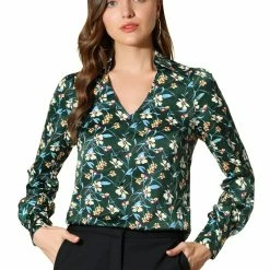 Allegra K Women's Floral V Neck Button Decor Collared Smooth Retro Blouse Shirt
