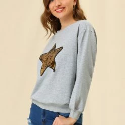 Allegra K Women's Sequin Shiny Star Crew Neck Long Sleeve Sweatshirt Top 53 Allegra K Women's Sequin Shiny Star Crew Neck Long Sleeve Sweatshirt Top