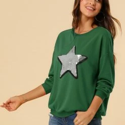 Allegra K Women's Sequin Shiny Star Crew Neck Long Sleeve Sweatshirt Top 67 Allegra K Women's Sequin Shiny Star Crew Neck Long Sleeve Sweatshirt Top