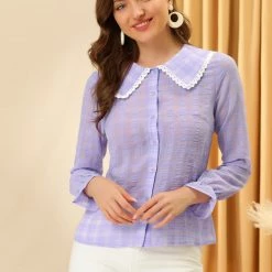 Allegra K Women's Peter Pan Collar Crochet Trim Sweet Ruffled Cuffs Plain Plaid Blouse Top