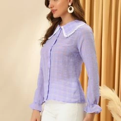 Allegra K Women's Peter Pan Collar Crochet Trim Sweet Ruffled Cuffs Plain Plaid Blouse Top