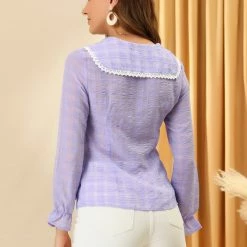 Allegra K Women's Peter Pan Collar Crochet Trim Sweet Ruffled Cuffs Plain Plaid Blouse Top