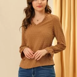 Allegra K Women's V Neck Ruffled Bubble Sleeve Casual Swiss Dots T-Shirt 11 Allegra K Women's V Neck Ruffled Bubble Sleeve Casual Swiss Dots T-Shirt