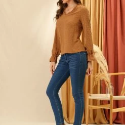 Allegra K Women's V Neck Ruffled Bubble Sleeve Casual Swiss Dots T-Shirt 13 Allegra K Women's V Neck Ruffled Bubble Sleeve Casual Swiss Dots T-Shirt